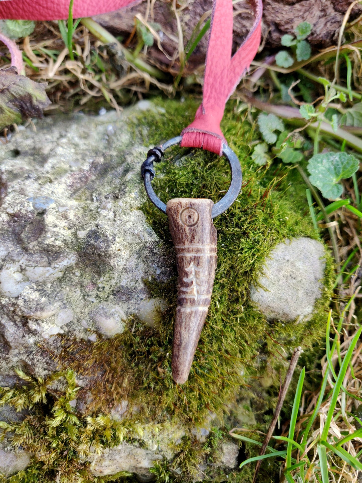 Antler necklace, Carved Antler Pendant, Handforged ring