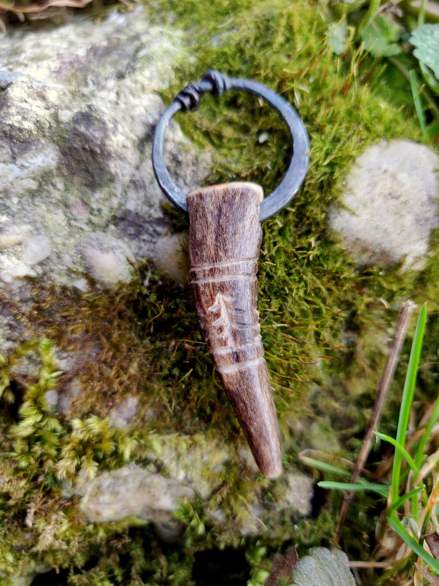 Antler necklace, Carved Antler Pendant, Handforged ring