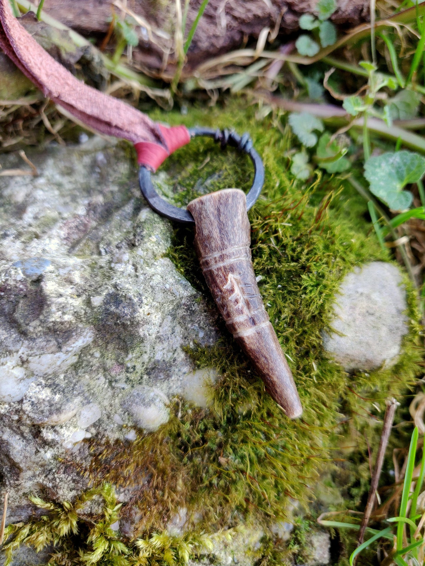 Antler necklace, Carved Antler Pendant, Handforged ring