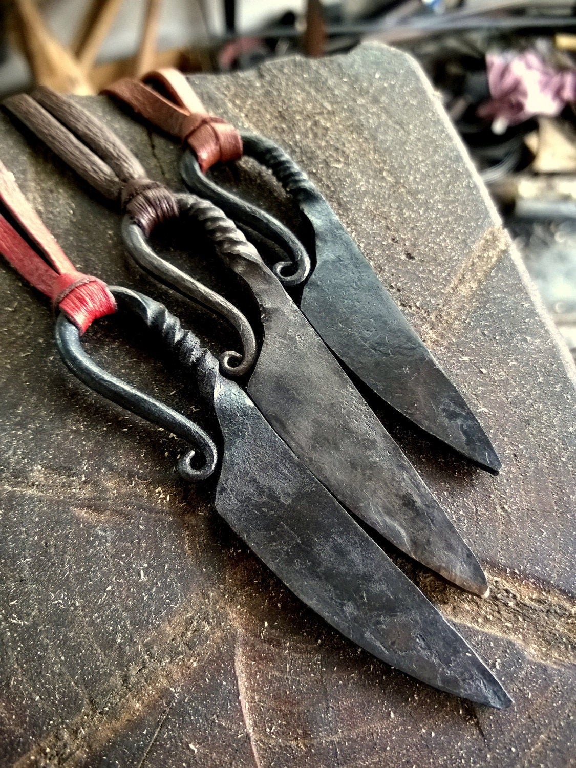 Viking knife pendant, Blacksmith knife, Viking Knife with natural cut leather cord