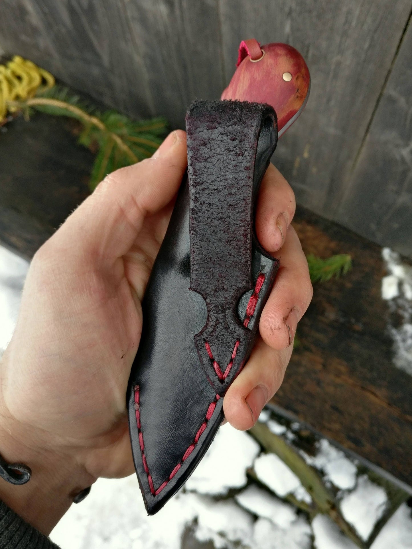 Red Skinning knife, Skinner, Small Hunting knife with leather sheath