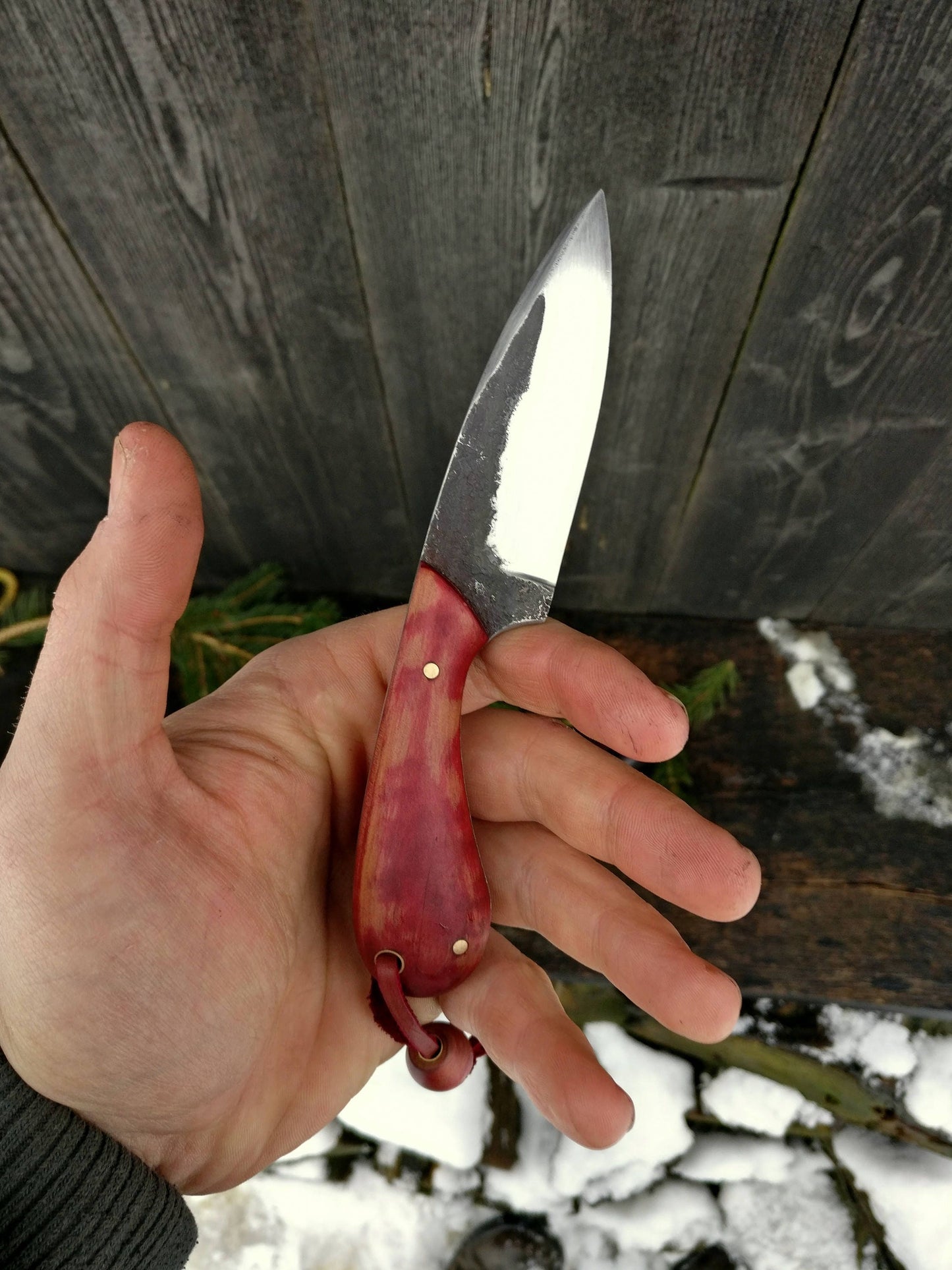 Red Skinning knife, Skinner, Small Hunting knife with leather sheath