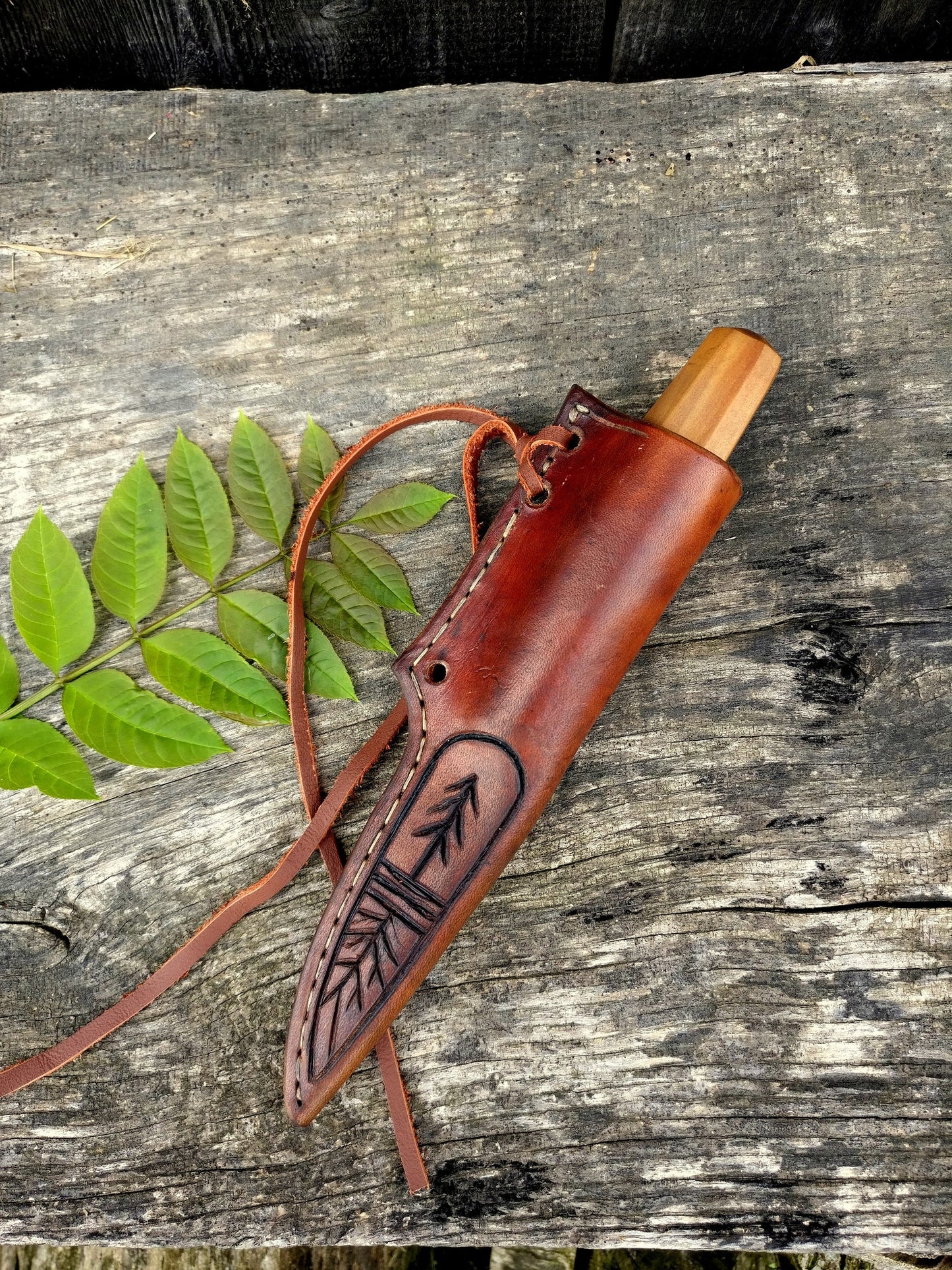 Made to order leather sheath for carving knife. Vegetable leather sheat. Handtooled sheath