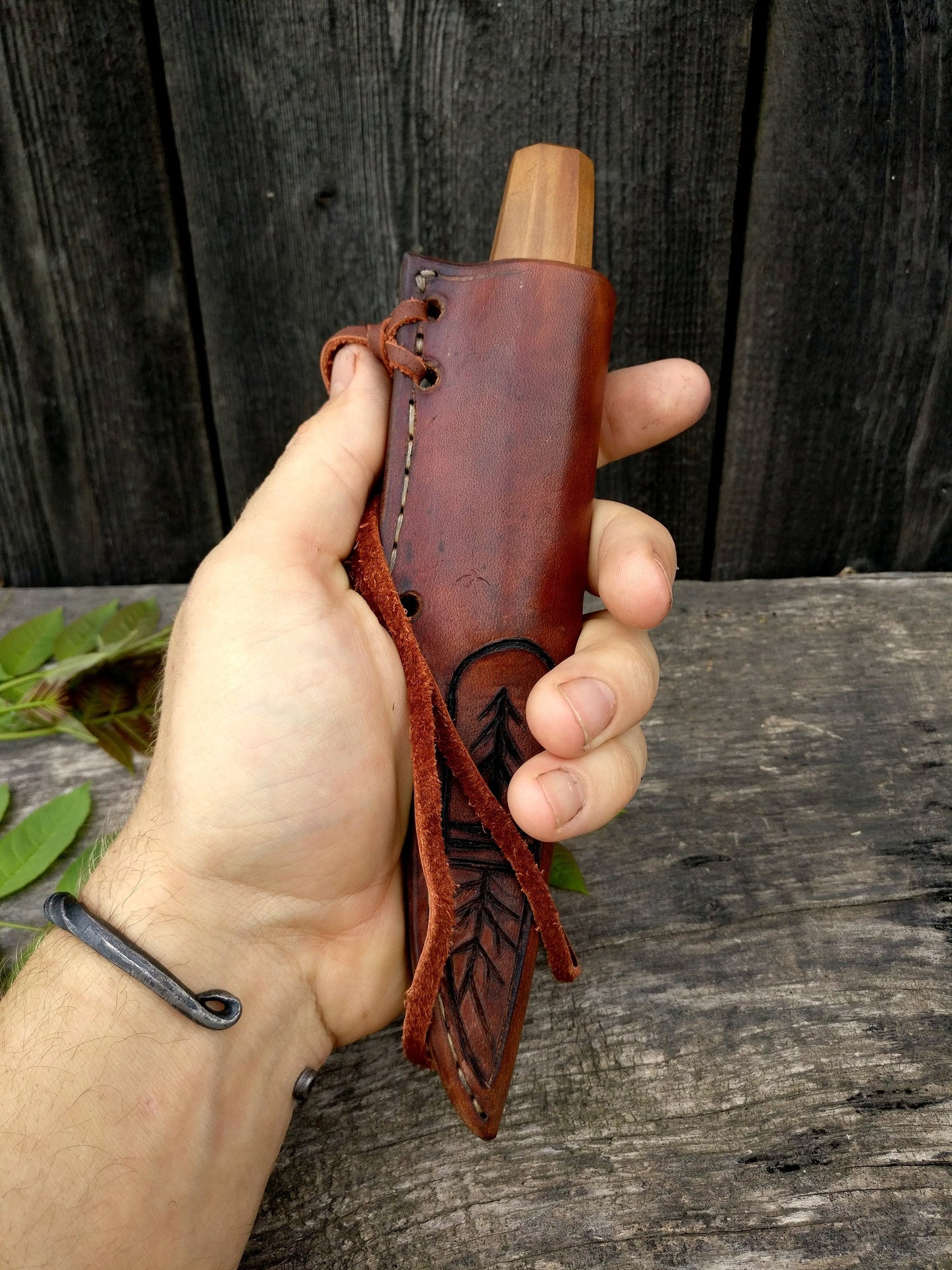 Made to order leather sheath for carving knife. Vegetable leather sheat. Handtooled sheath