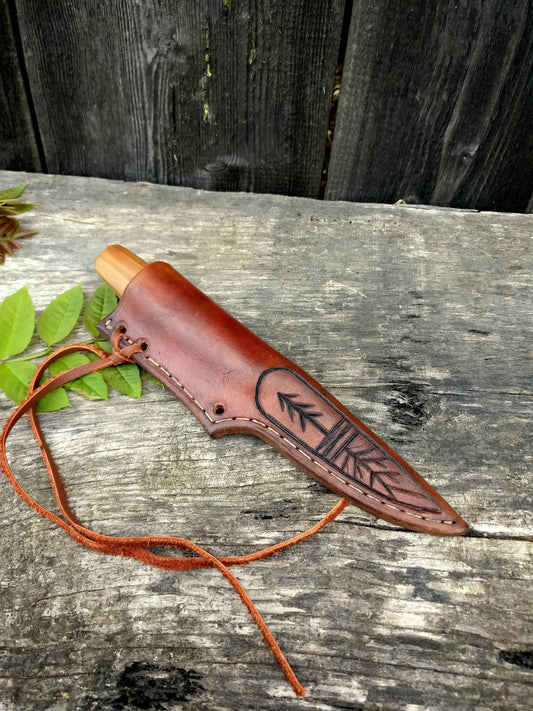 Made to order leather sheath for carving knife. Vegetable leather sheat. Handtooled sheath