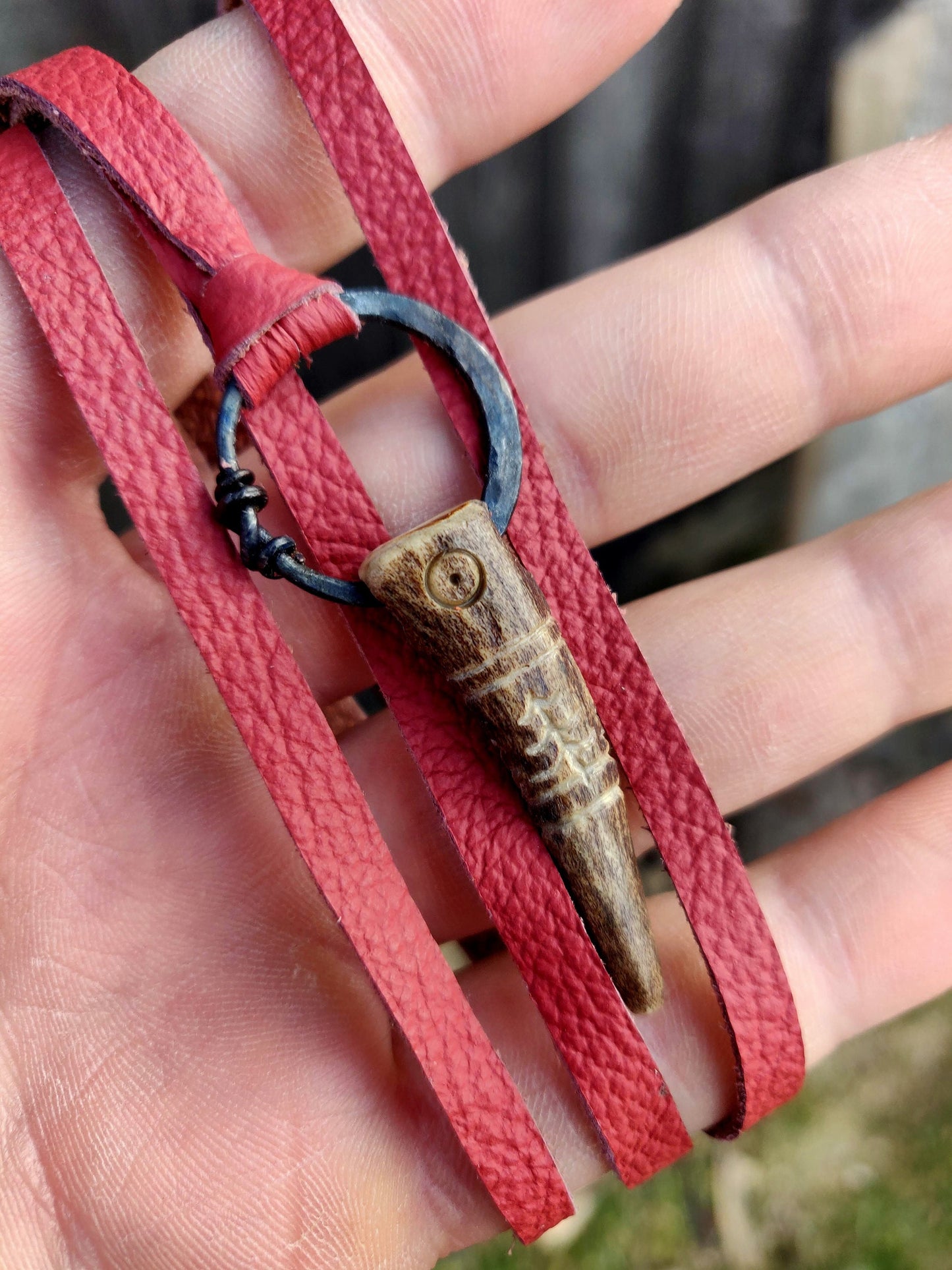 Antler necklace, Carved Antler Pendant, Handforged ring