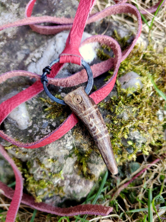 Antler necklace, Carved Antler Pendant, Handforged ring