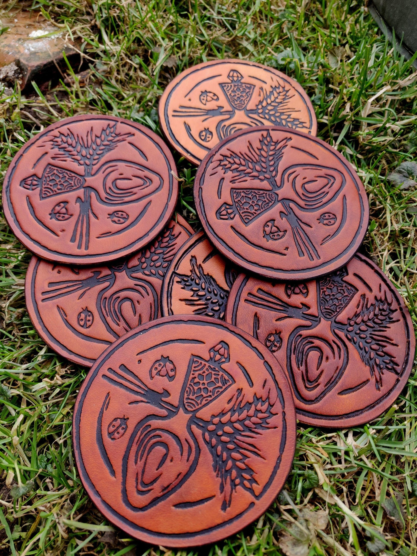 Leather patch, deep pressed patch, Leather coaster, spoon, wheat, and ladybugs patch