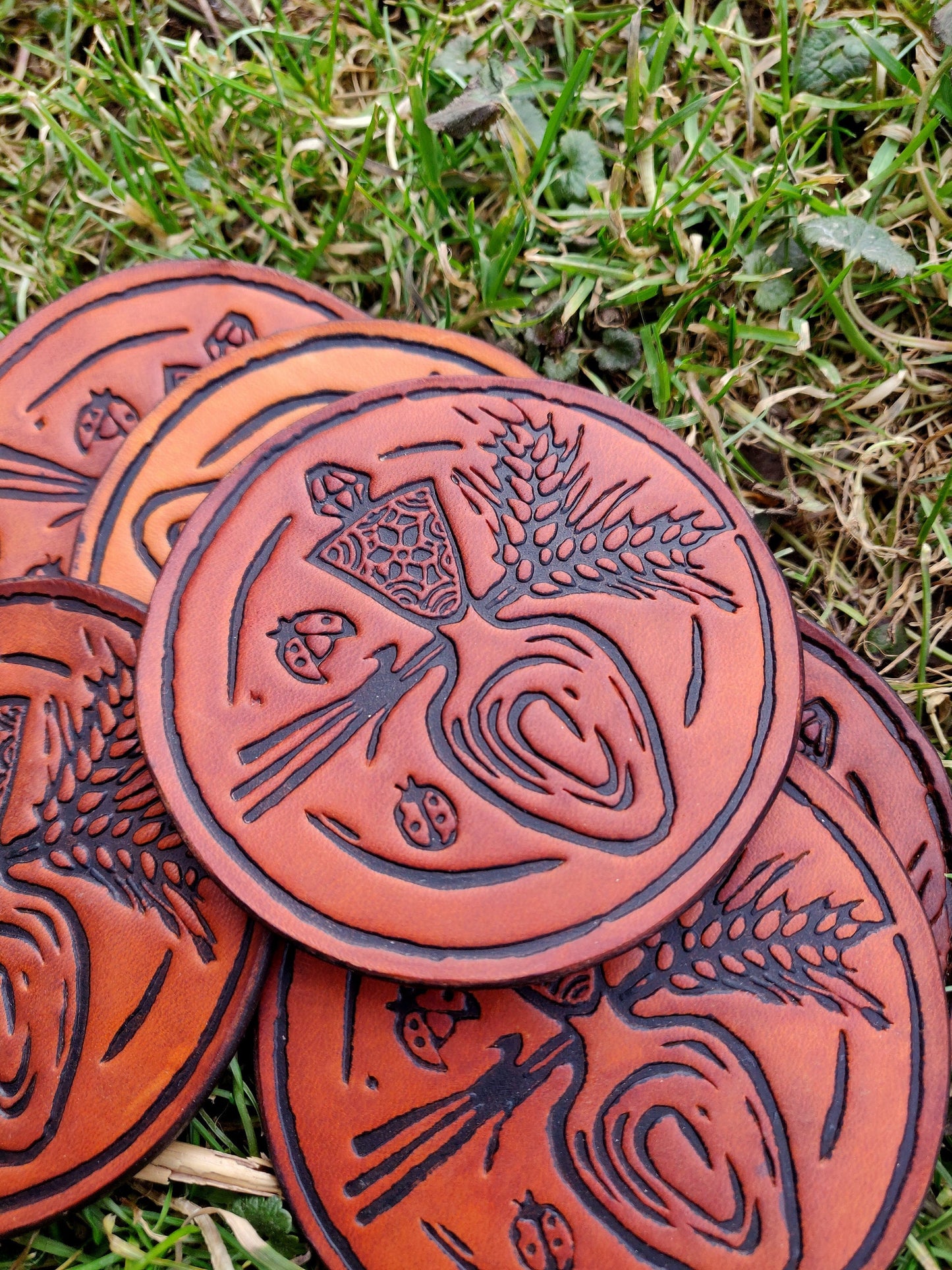 Leather patch, deep pressed patch, Leather coaster, spoon, wheat, and ladybugs patch