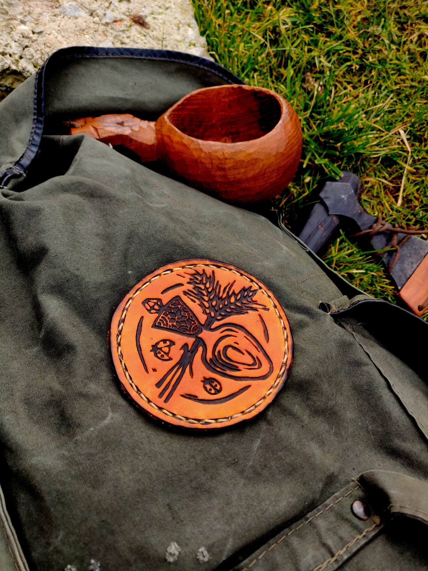 Leather patch, deep pressed patch, Leather coaster, spoon, wheat, and ladybugs patch