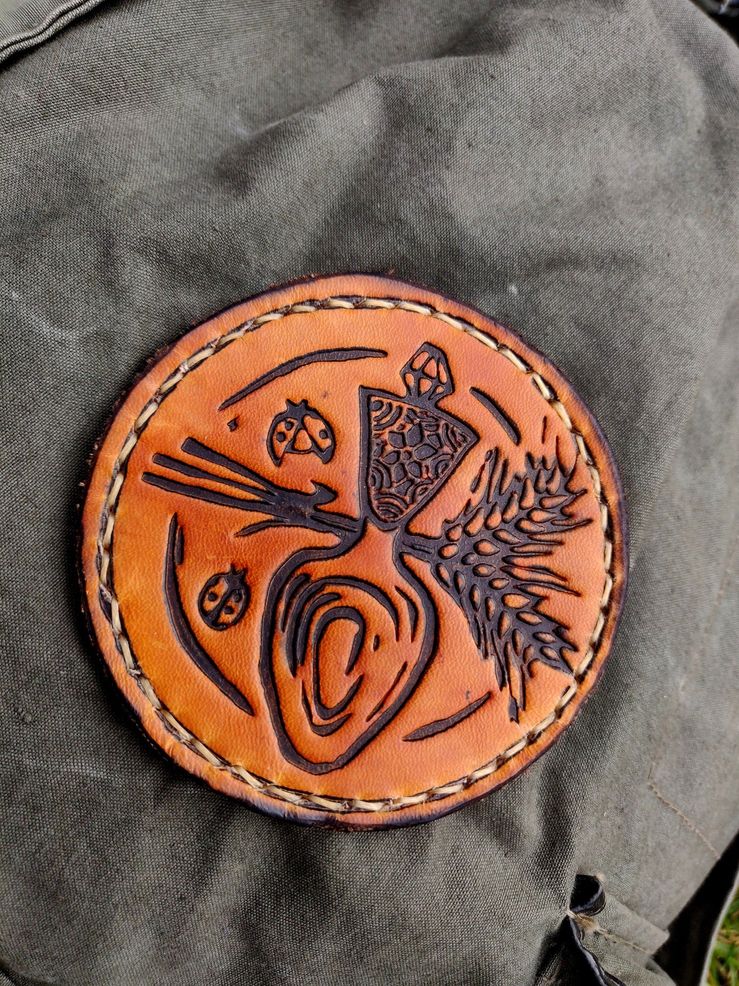 Leather patch, deep pressed patch, Leather coaster, spoon, wheat, and ladybugs patch