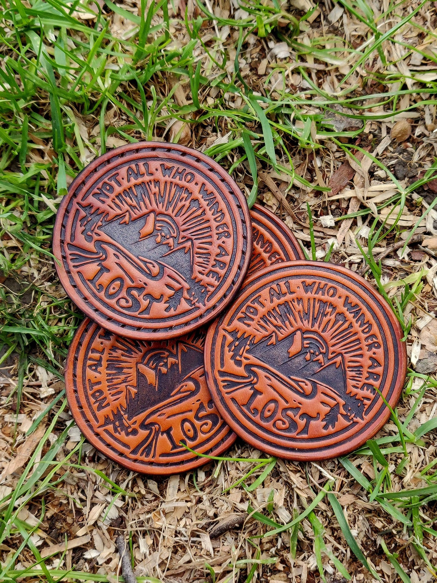 Leather patch "Not all who wander are lost", deep pressed patch, Leather coaster, mountain patch