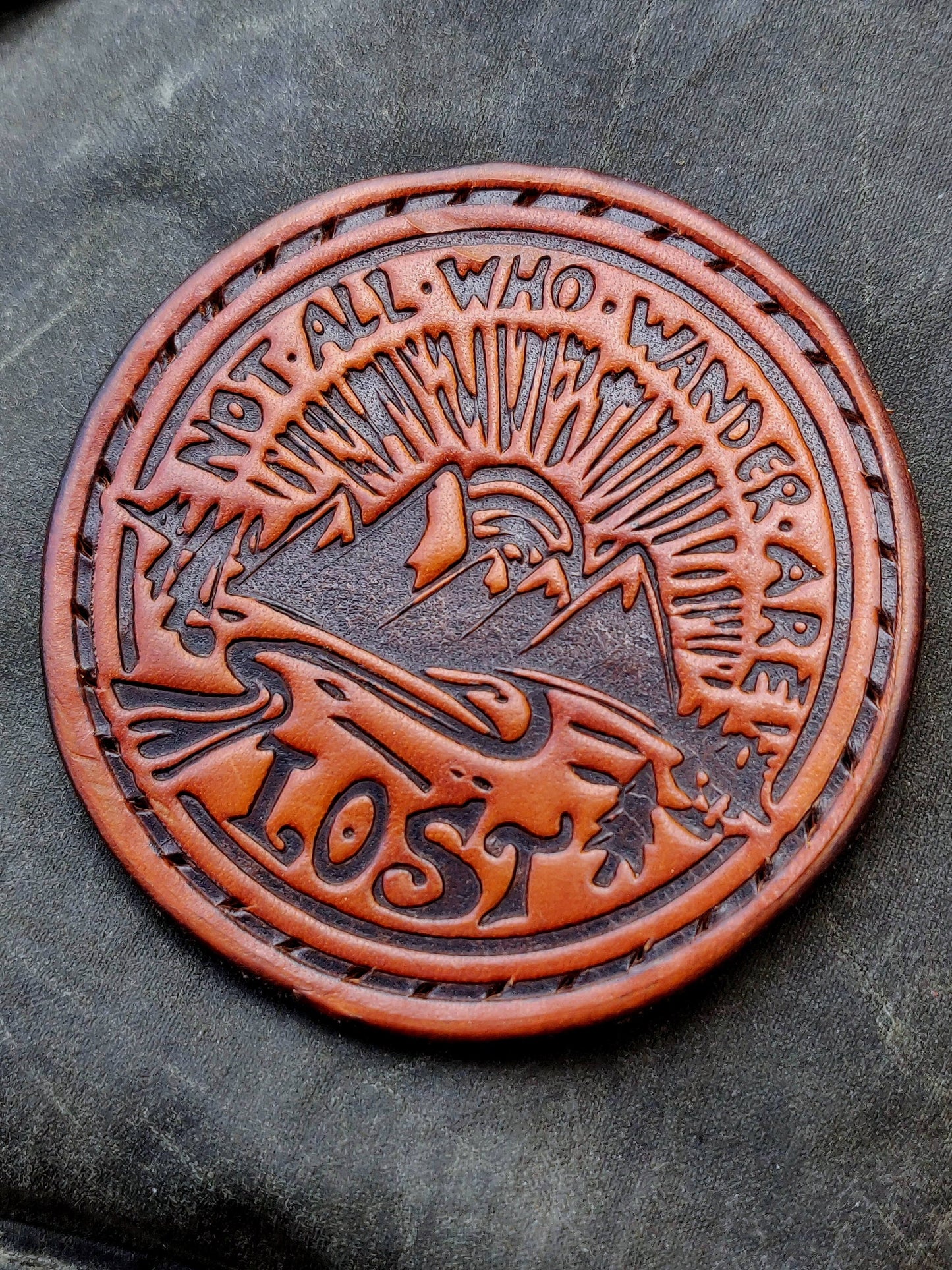 Leather patch "Not all who wander are lost", deep pressed patch, Leather coaster, mountain patch