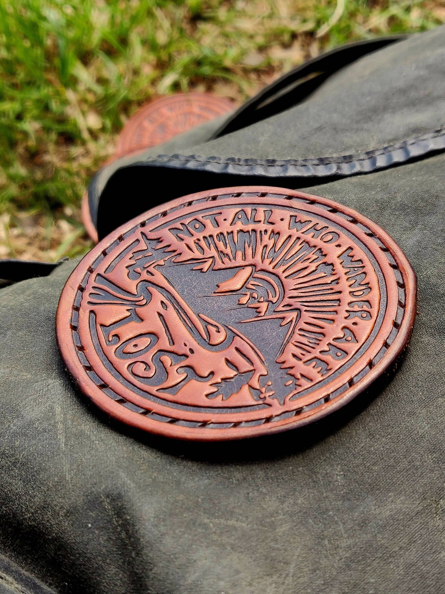 Leather patch "Not all who wander are lost", deep pressed patch, Leather coaster, mountain patch