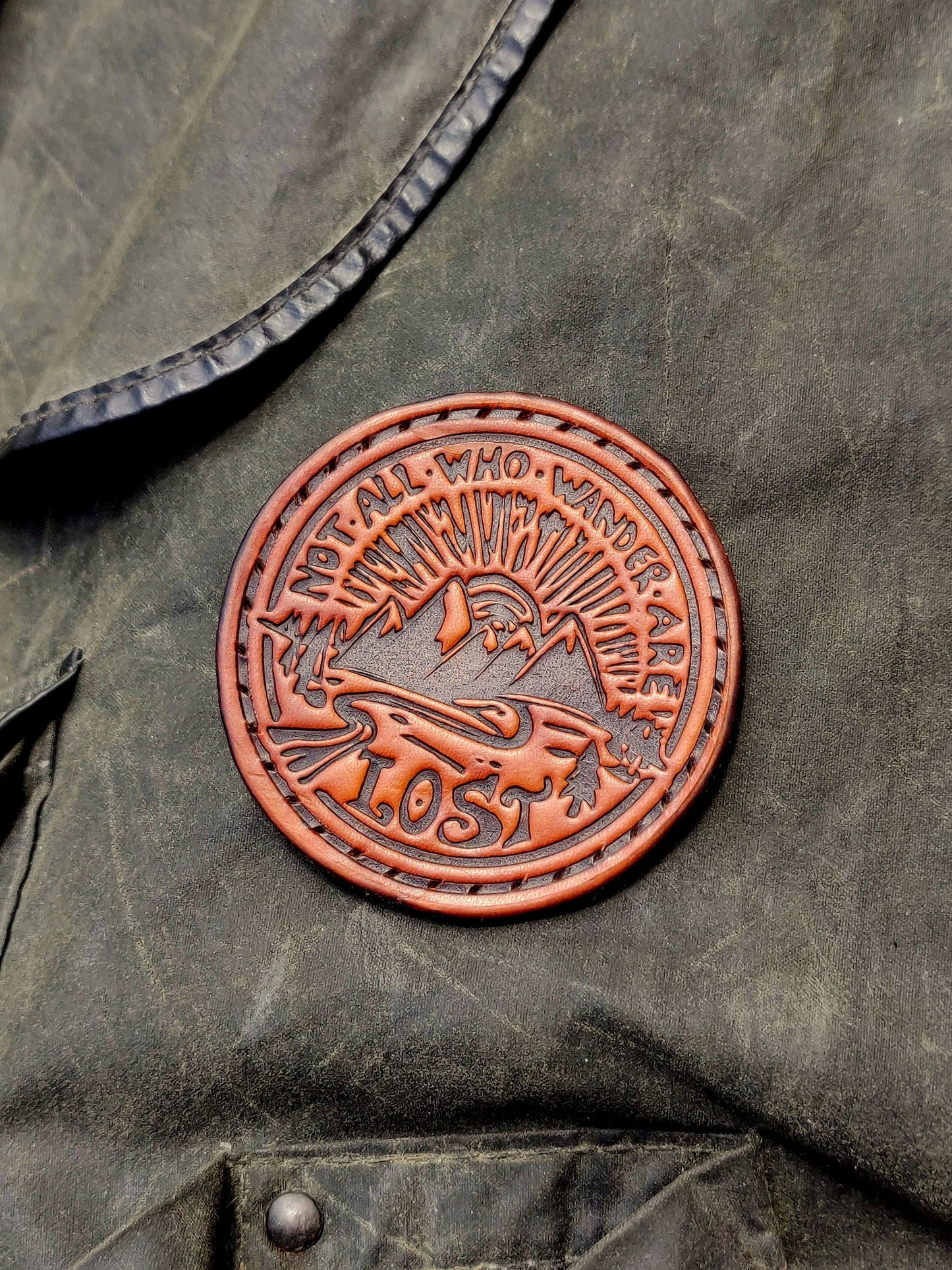 Leather patch "Not all who wander are lost", deep pressed patch, Leather coaster, mountain patch