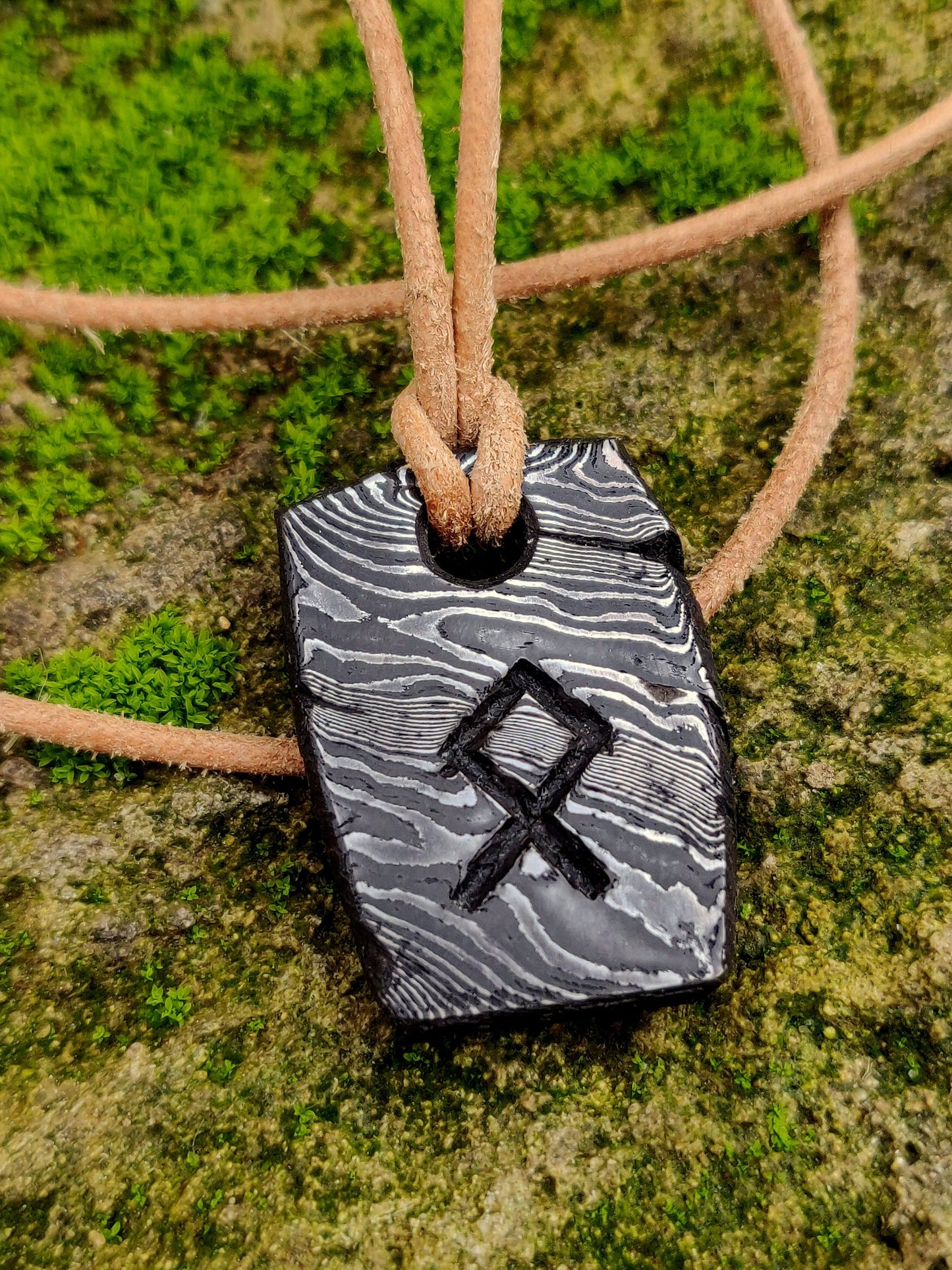 Othala Rune pendant hanforged laminated steel, Damascus rune pendant,