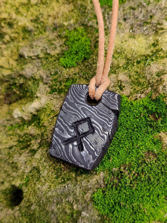 Othala Rune pendant hanforged laminated steel, Damascus rune pendant,