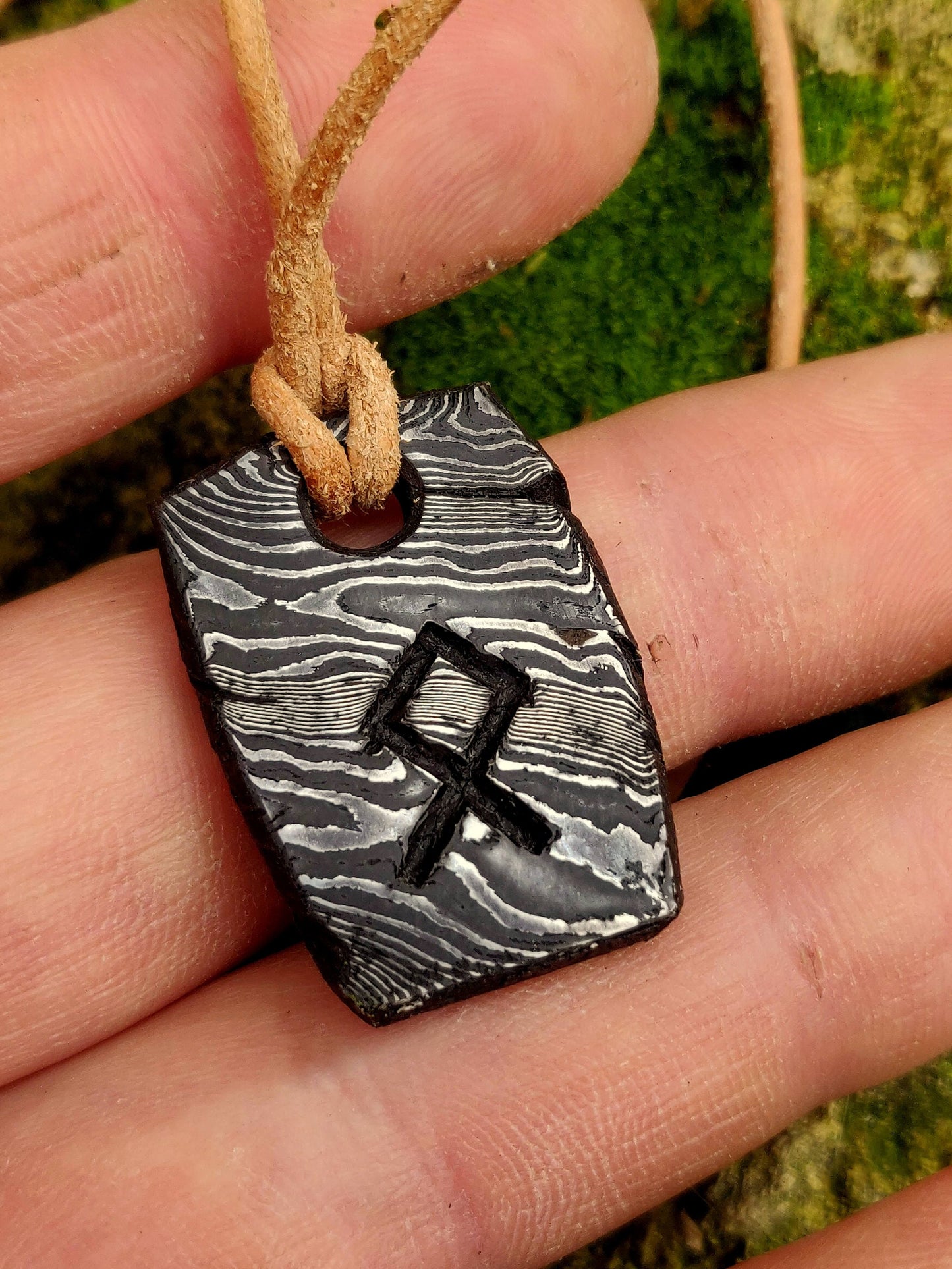 Othala Rune pendant hanforged laminated steel, Damascus rune pendant,