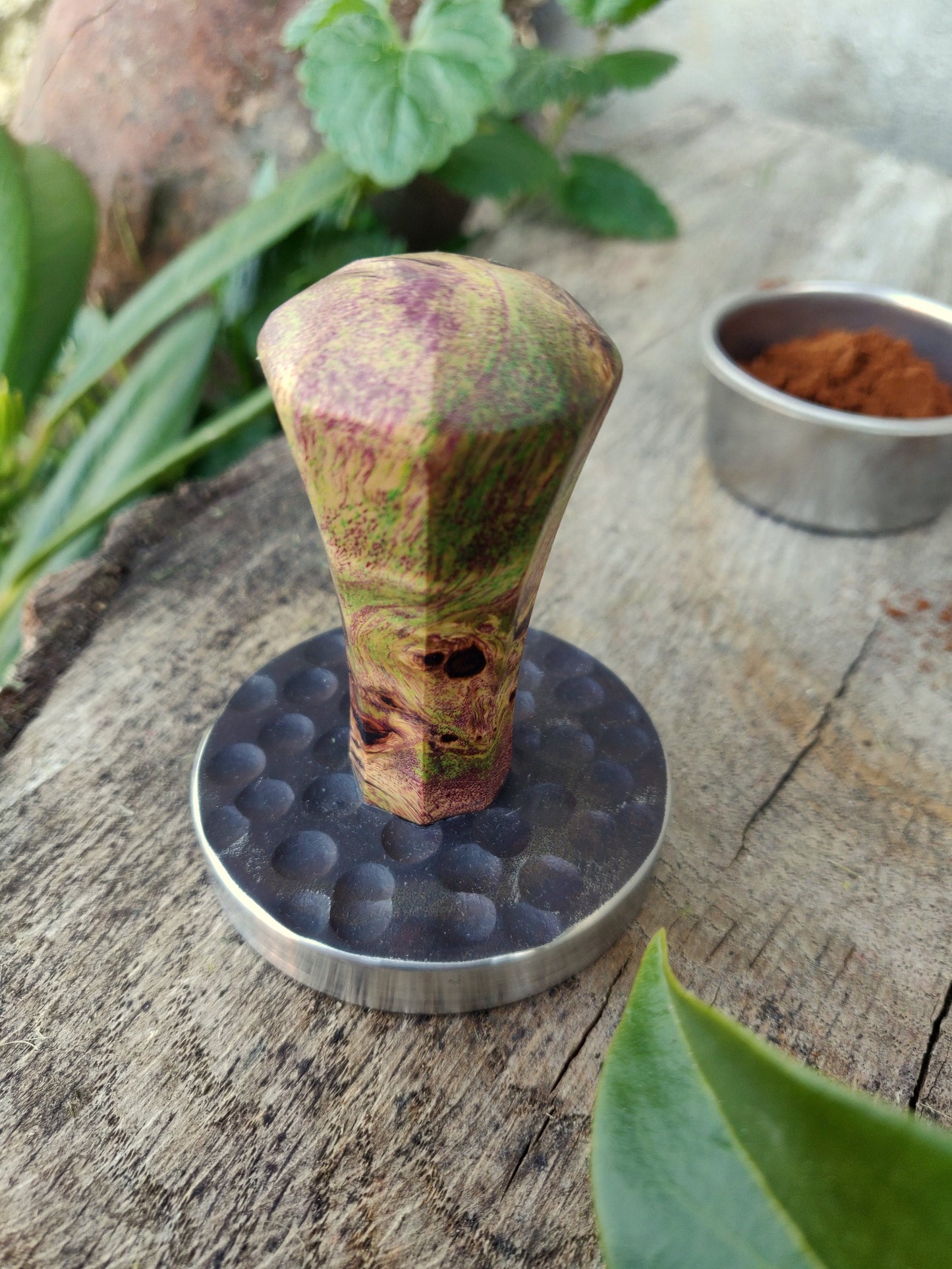 Coffee tamper, 58.5mm, Multicolored stabilized poplar wood, Stainless steel tamper, Handmade coffee tamper